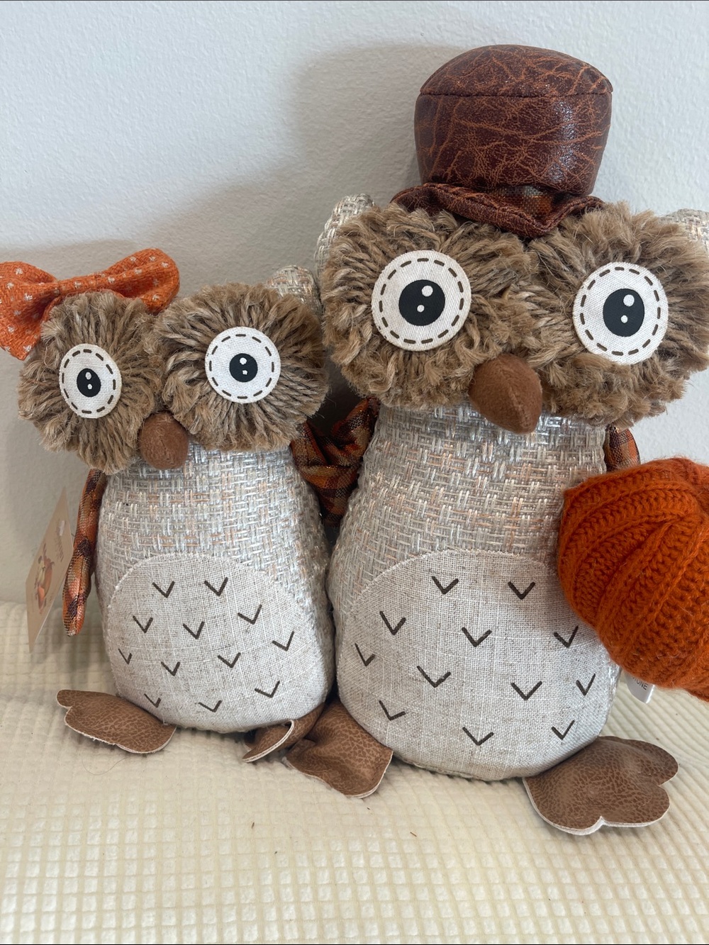 Fall Owl Plush Décor Pair with Orange Knit Pumpkin - Picture 4 of 4